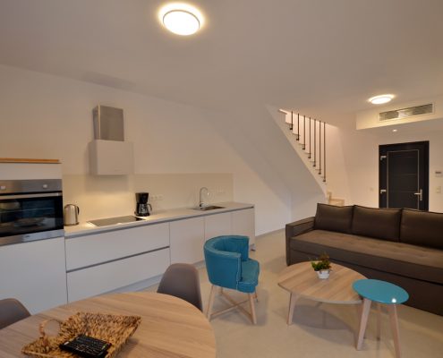 Asaya-Hills-Villas-Parga-Greece-private-villa-interior-decoration-kitchen-living-room Kitchen and living room with modern furniture on the ground floor of a private villa at Asaya Hills Villas, Parga, Greece.